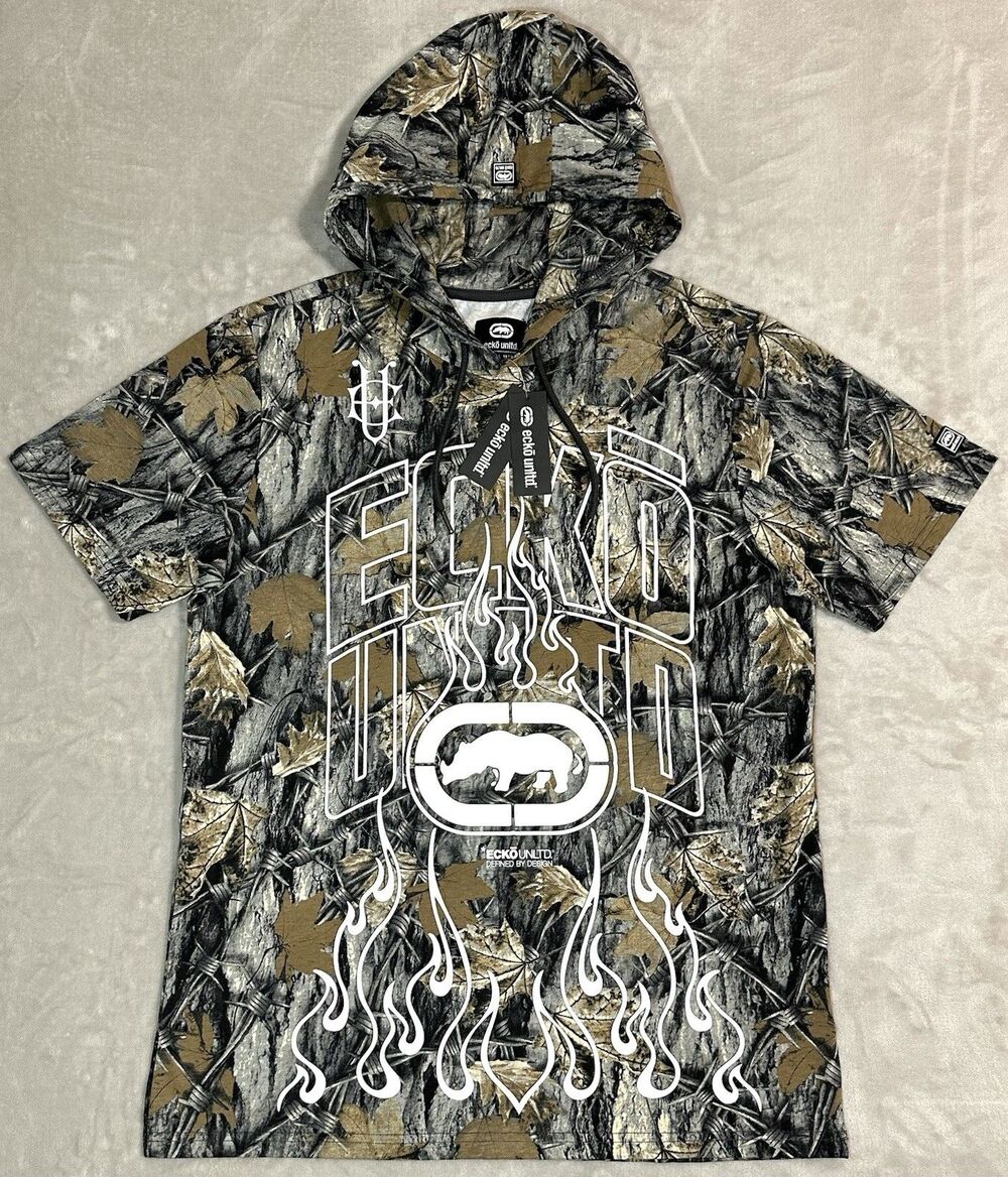 NWT Ecko Unltd Men's Large Woodland Leaf Camo Hooded Graphic T-Shirt Flame Logo